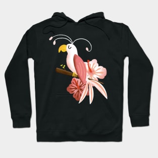 White and Pink Tropical Bird with Hibiscus Flowers Hoodie